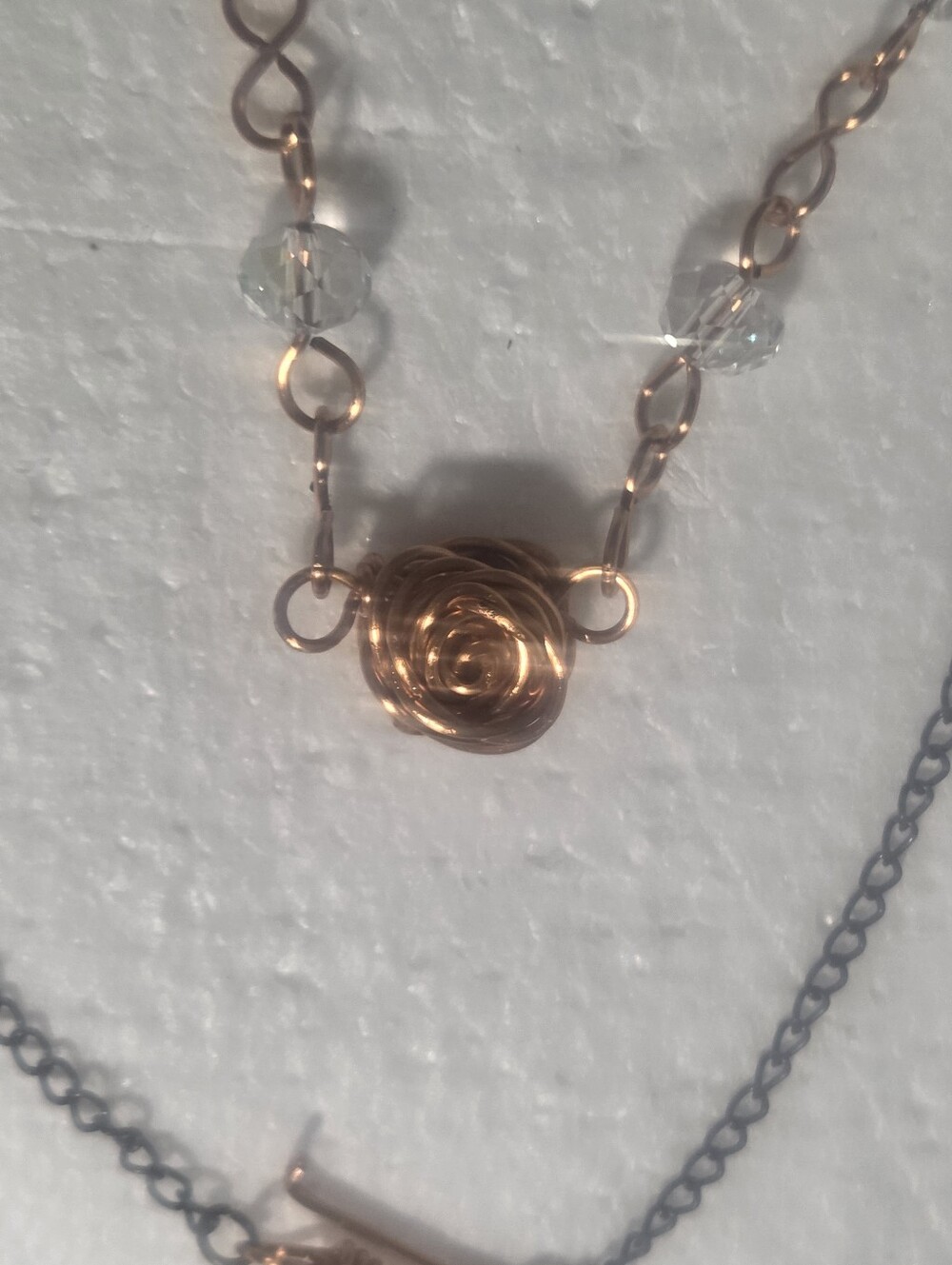 Handcrafted Copper Rose Necklace with Clear Crystal Accents